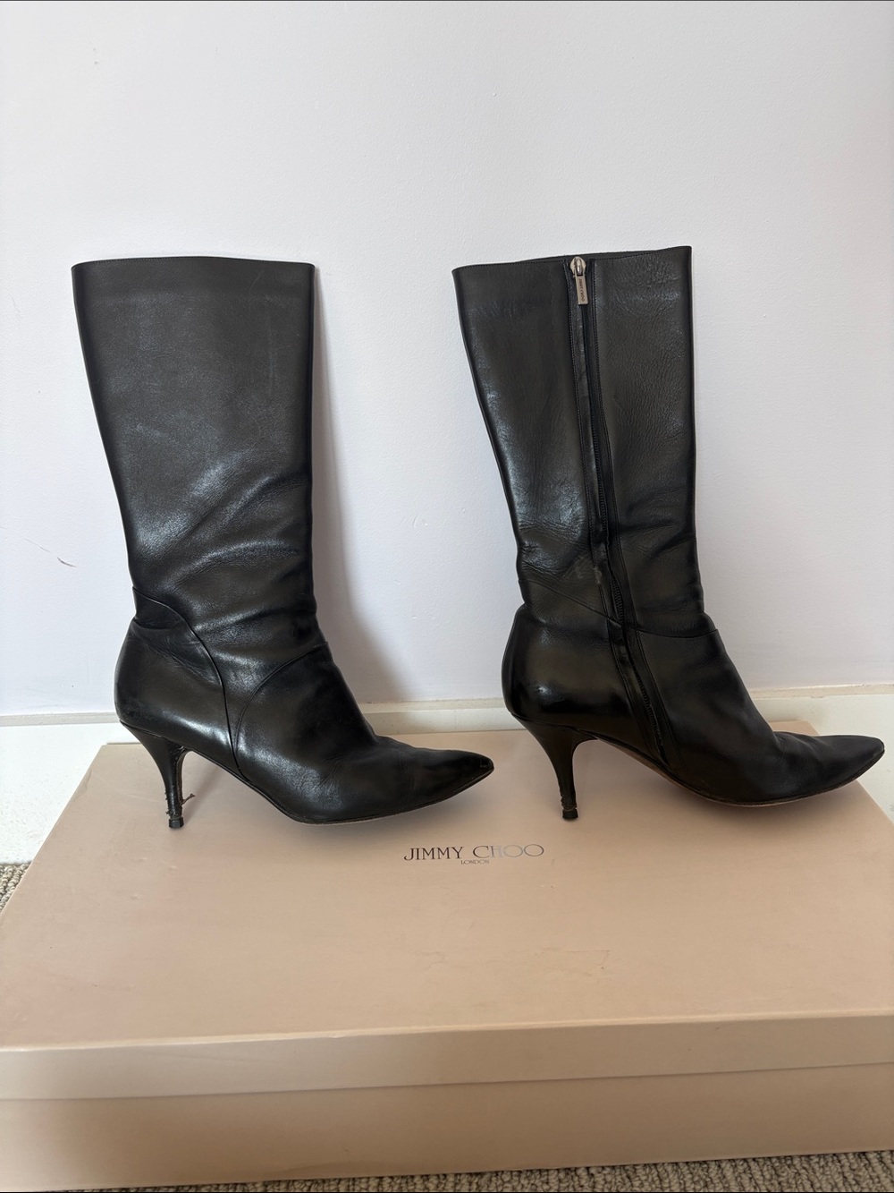 Jimmy Choo Black Leather Pointed-Toe Mid-Calf Kitten Heel Boots